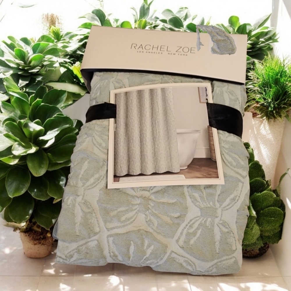 Rachel Zoe Fabric Bow Ribbon Textured Shower Curtain Woven Jacquard